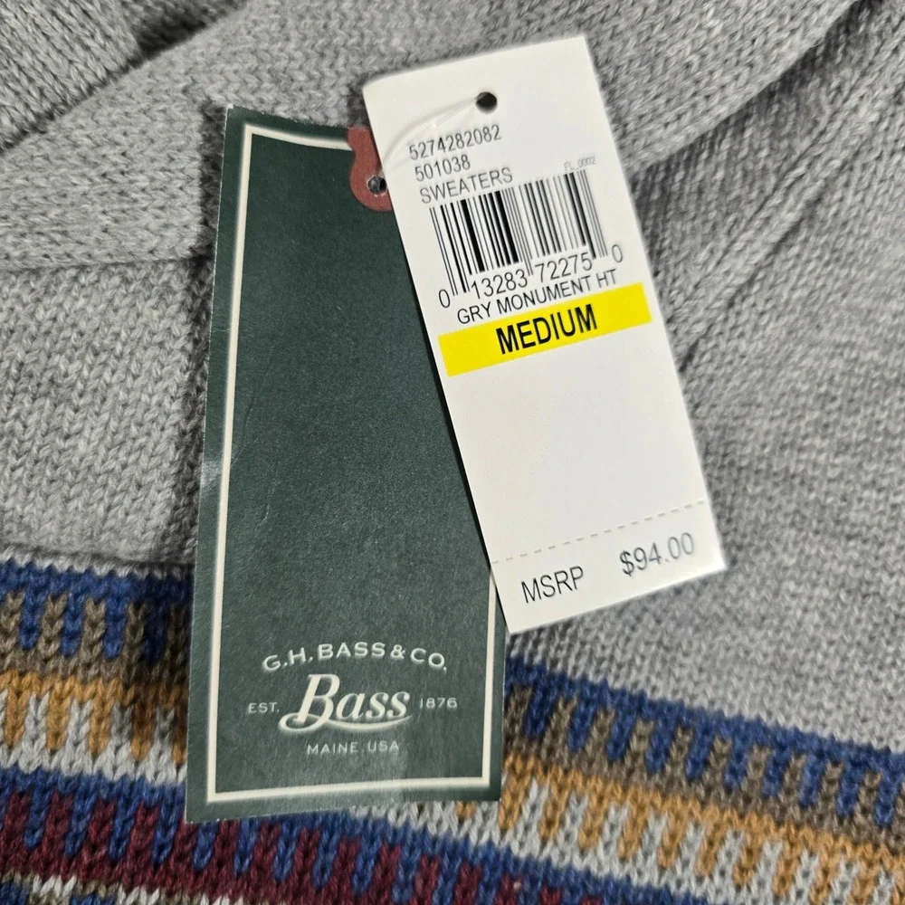 GH Bass Mens Shawl Neck Sweater Gray Southwestern Aztec Cotton Pullover Medium